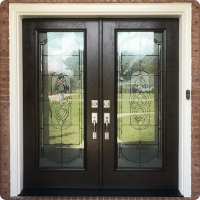 Elegant black double front doors with decorative glass inserts, perfect for enhancing home curb appeal and security. Expertly installed by HTC Pros in NWFL.