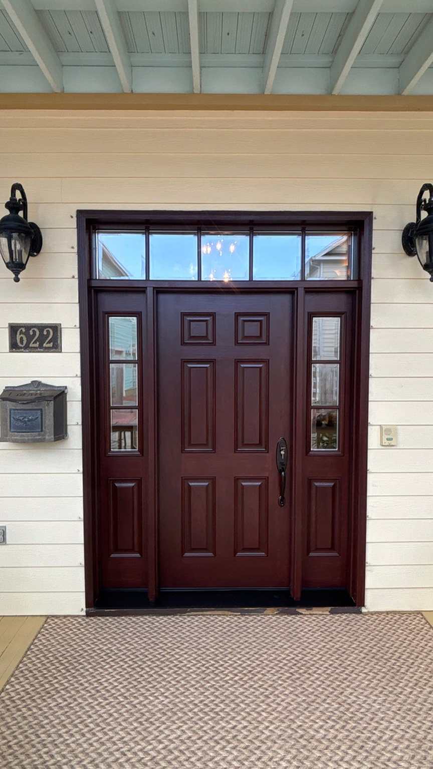 2-Jul 21 2025 12_40pm-ts3p Dark brown front entry door with side lights and transom, installed by award-winning remodeling experts Hometown Contractors, Inc.