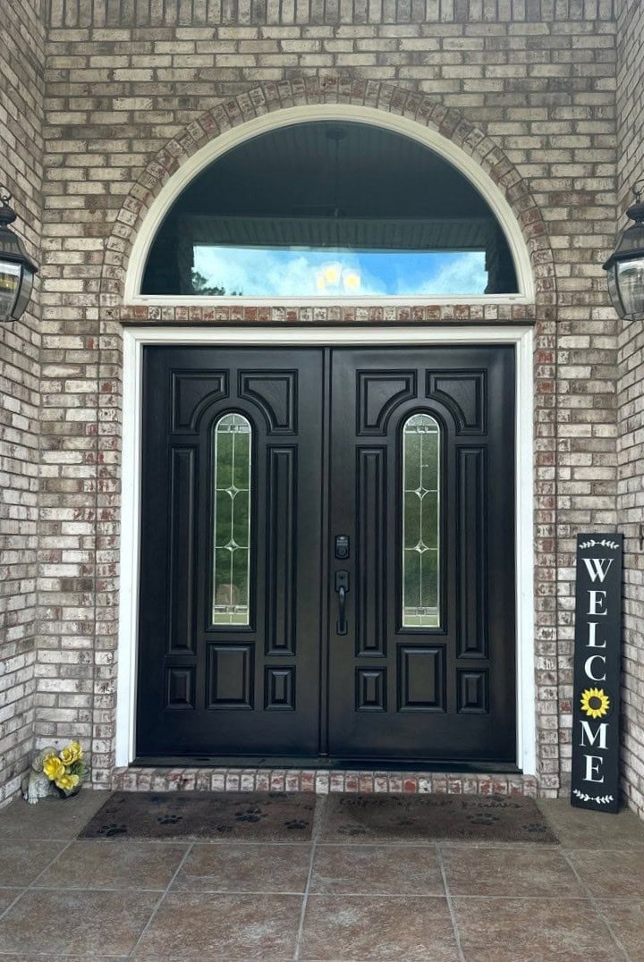 Gallery Dark Brown Front Entry Doors Dark brown front entry doors with white trimming and a large eyebrow window