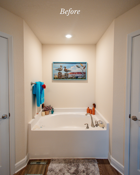 Before image of a white tub with three surrounding walls 